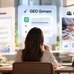 GEO uzmanı, SEO uzmanı ve GEO ajansı arasındaki farkları gösteren, işletmelerin doğru dijital pazarlama hizmetini seçmesine yardımcı olan görsel.