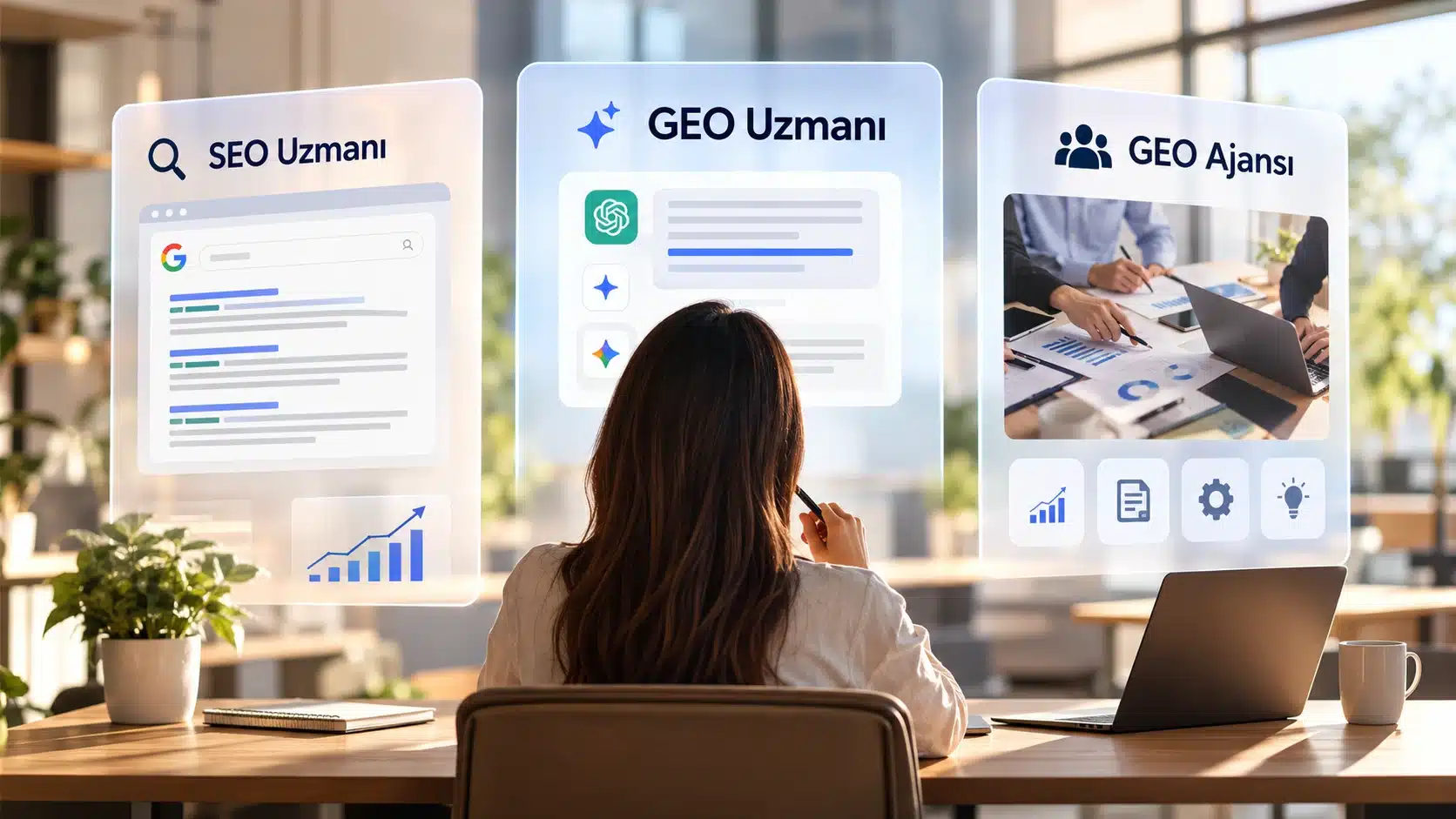 GEO uzmanı, SEO uzmanı ve GEO ajansı arasındaki farkları gösteren, işletmelerin doğru dijital pazarlama hizmetini seçmesine yardımcı olan görsel.